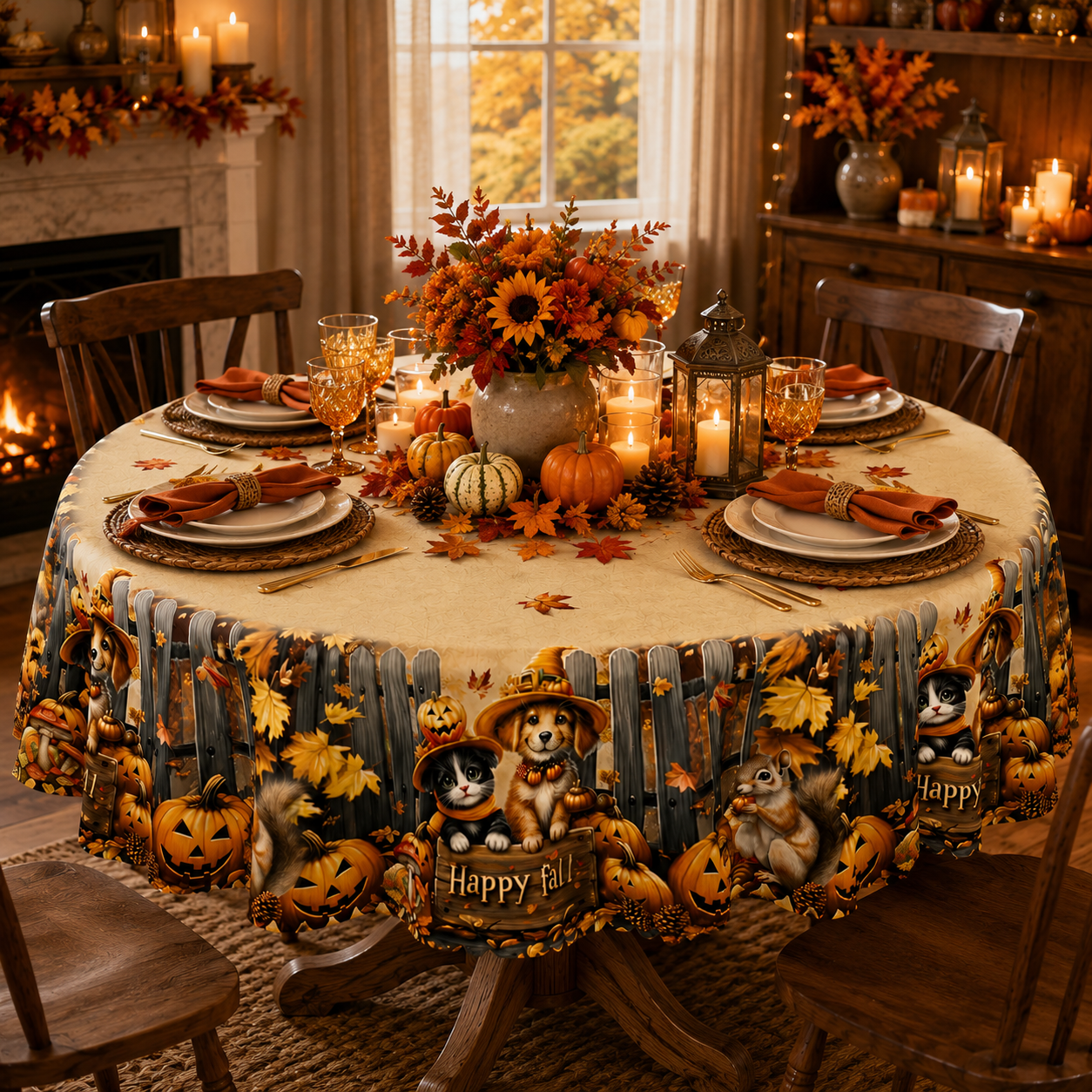Thanksgiving Tablecloth with Fall Pumpkins and Autumn Leaves
