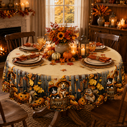 Thanksgiving Tablecloth with Fall Pumpkins and Autumn Leaves