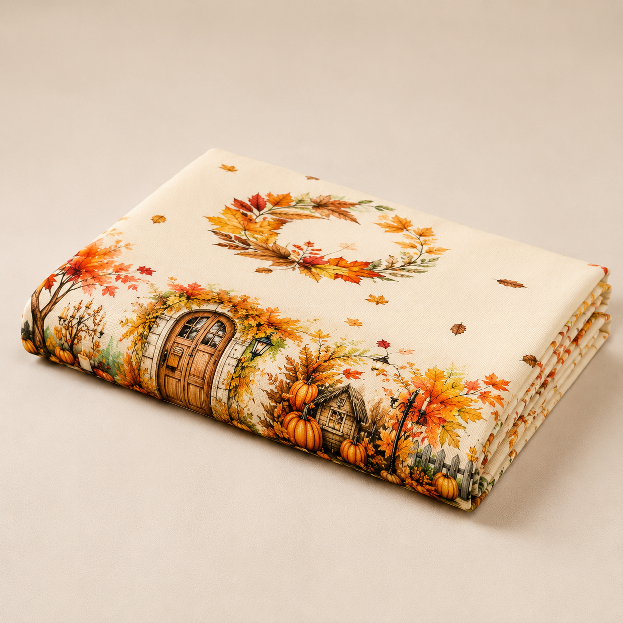 Thanksgiving Tablecloth with Fall Pumpkins and Autumn Leaves