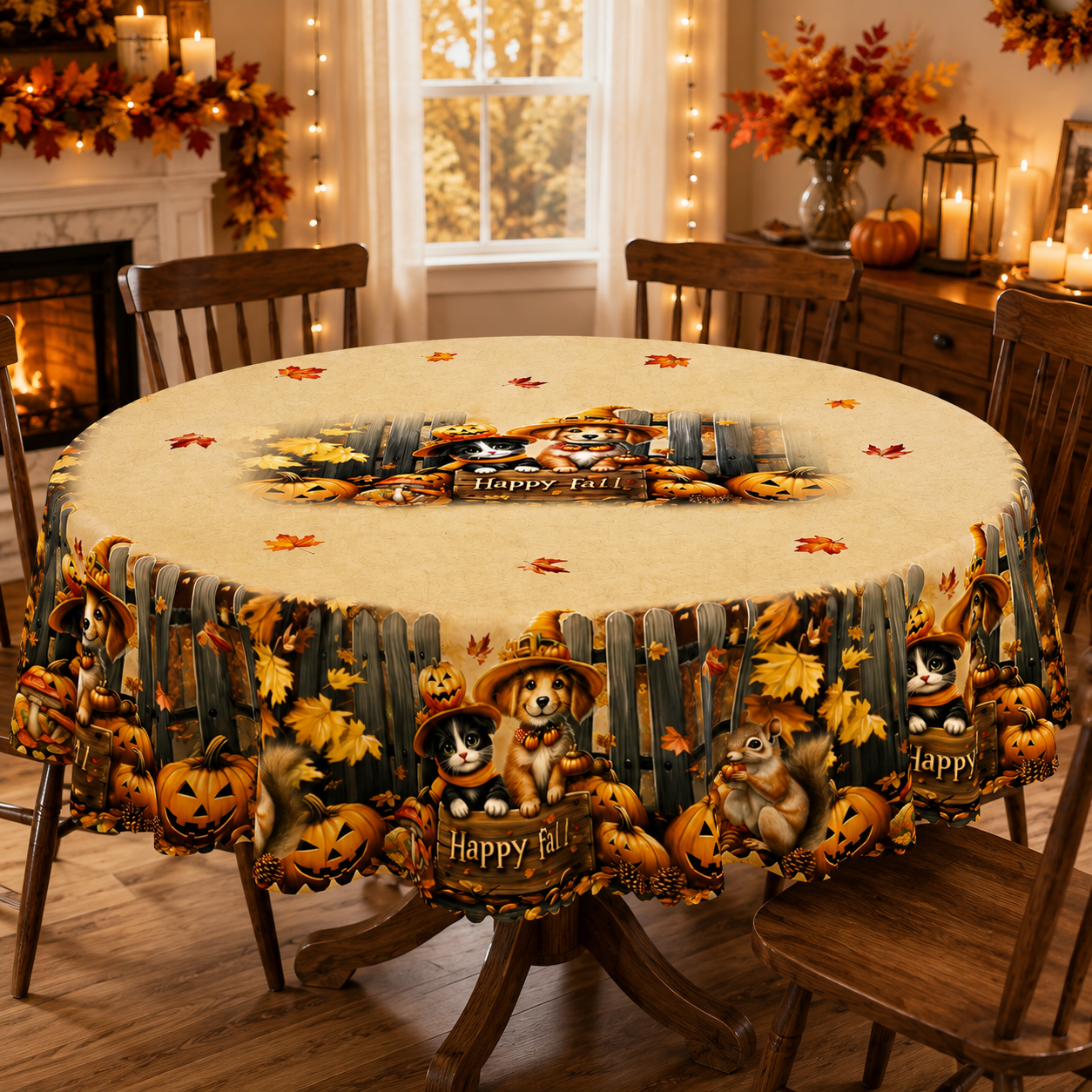 Thanksgiving Tablecloth with Fall Pumpkins and Autumn Leaves