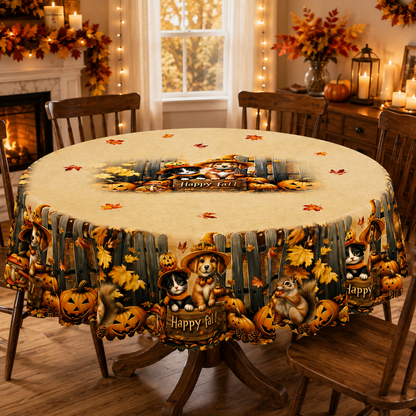 Thanksgiving Tablecloth with Fall Pumpkins and Autumn Leaves