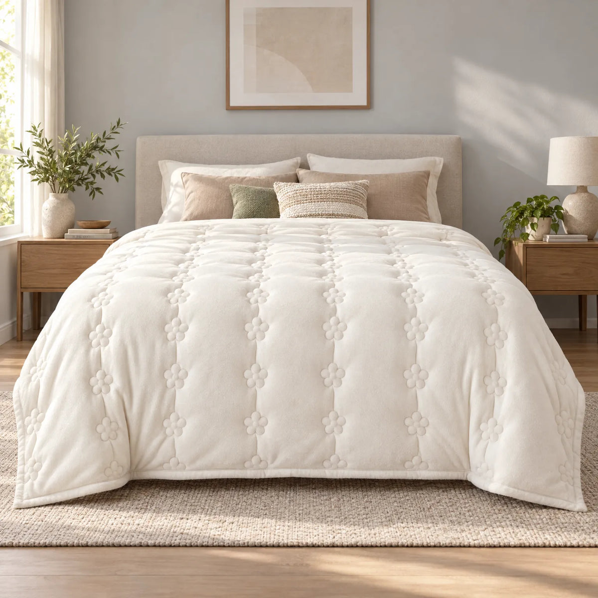 Thick Plush Comforter with Quilted Floral Design