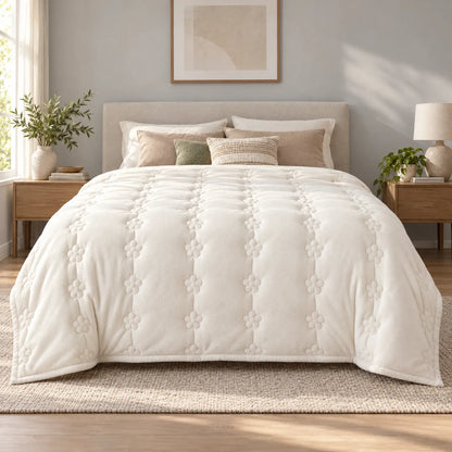 Thick Plush Comforter with Quilted Floral Design