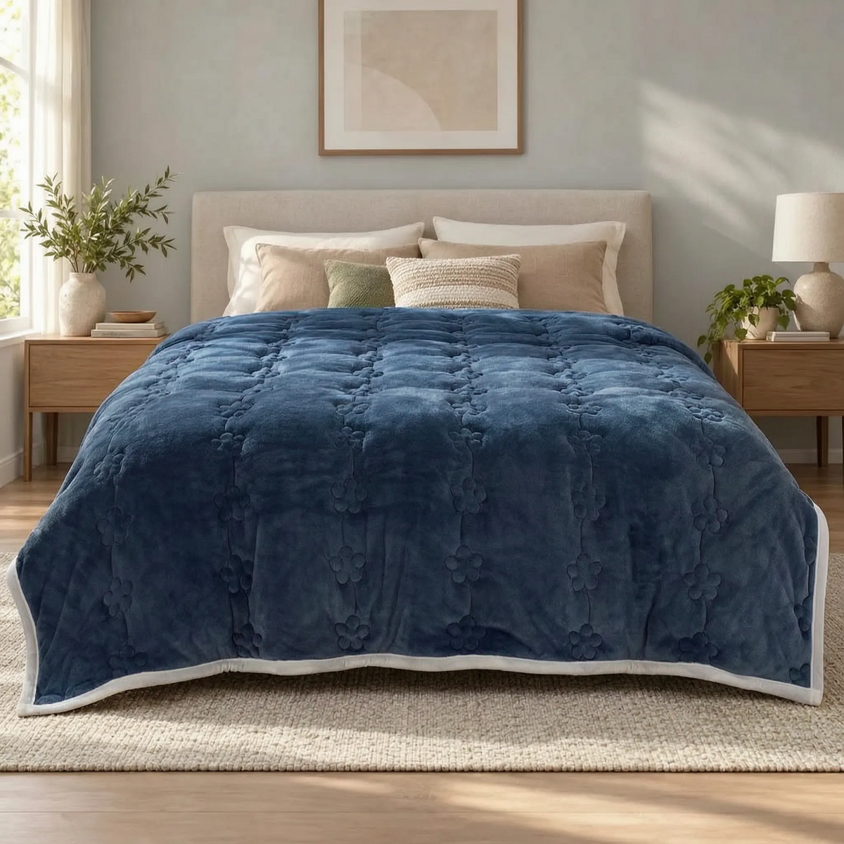 Thick Plush Comforter with Quilted Floral Design