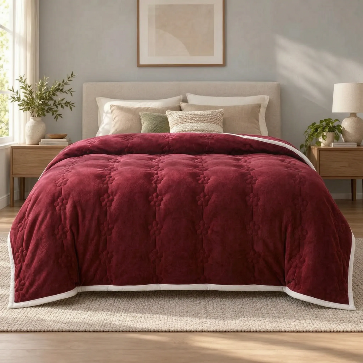 Thick Plush Comforter with Quilted Floral Design