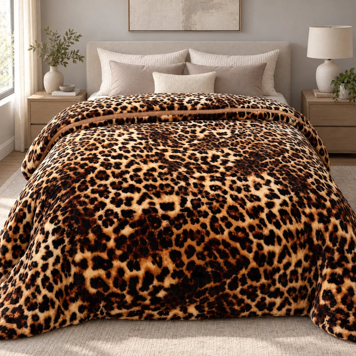 Thick Winter Comforter with Plush Leopard Print Design