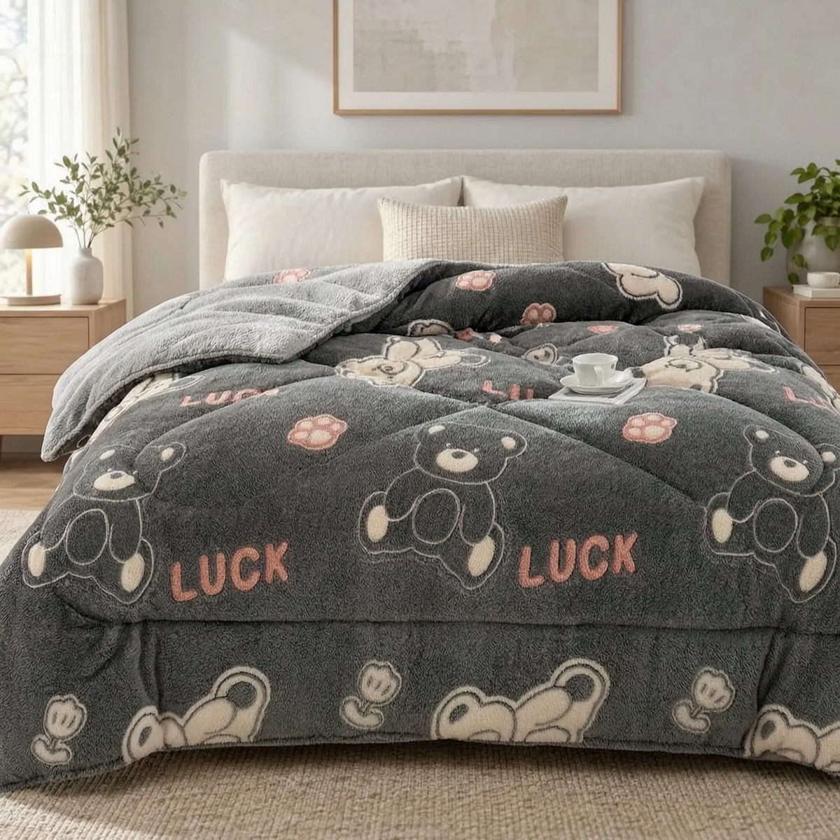 Thick Winter Comforter with Reversible Plush Fleece Design