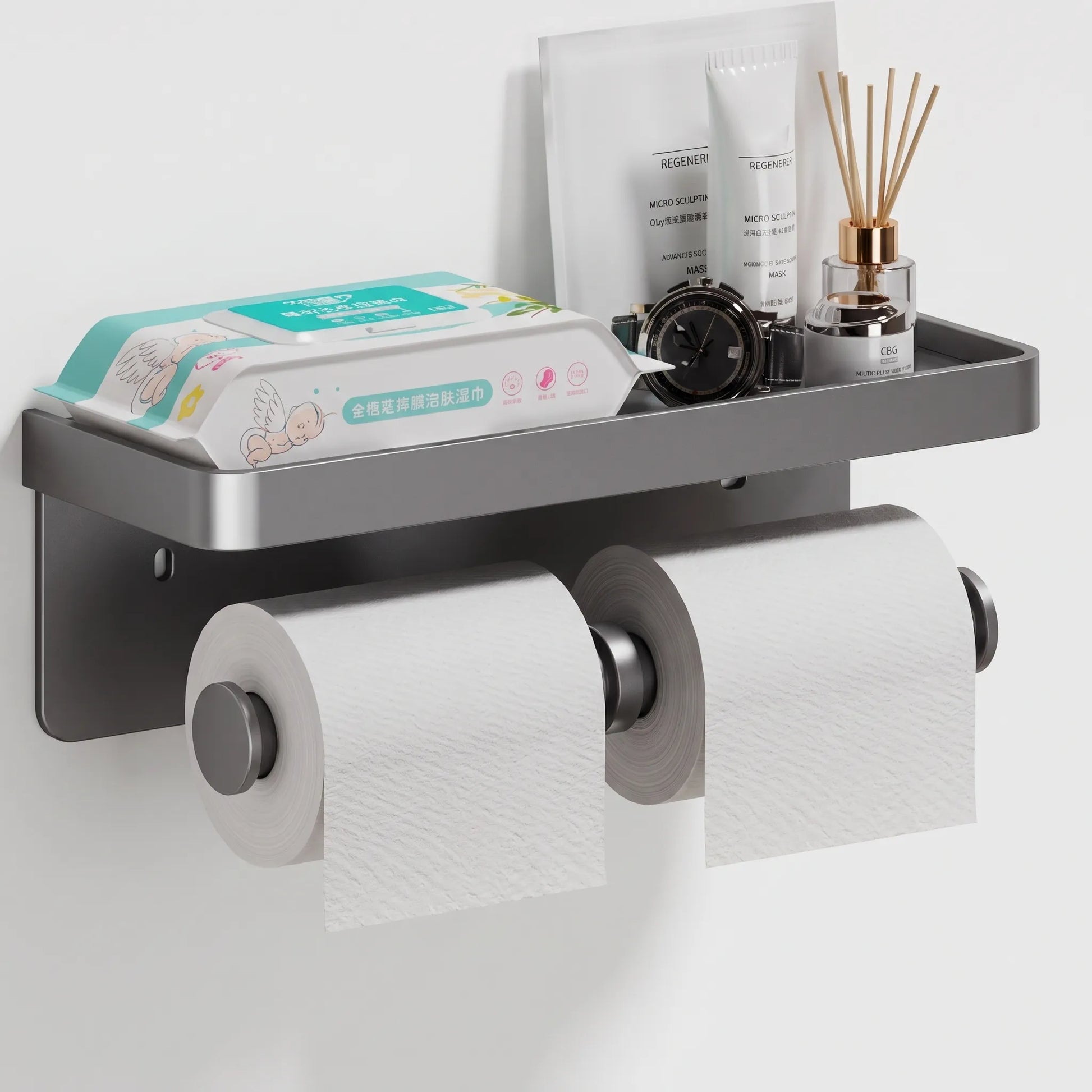 Toilet Paper Holder Wall Mounted Double Roll with Shelf