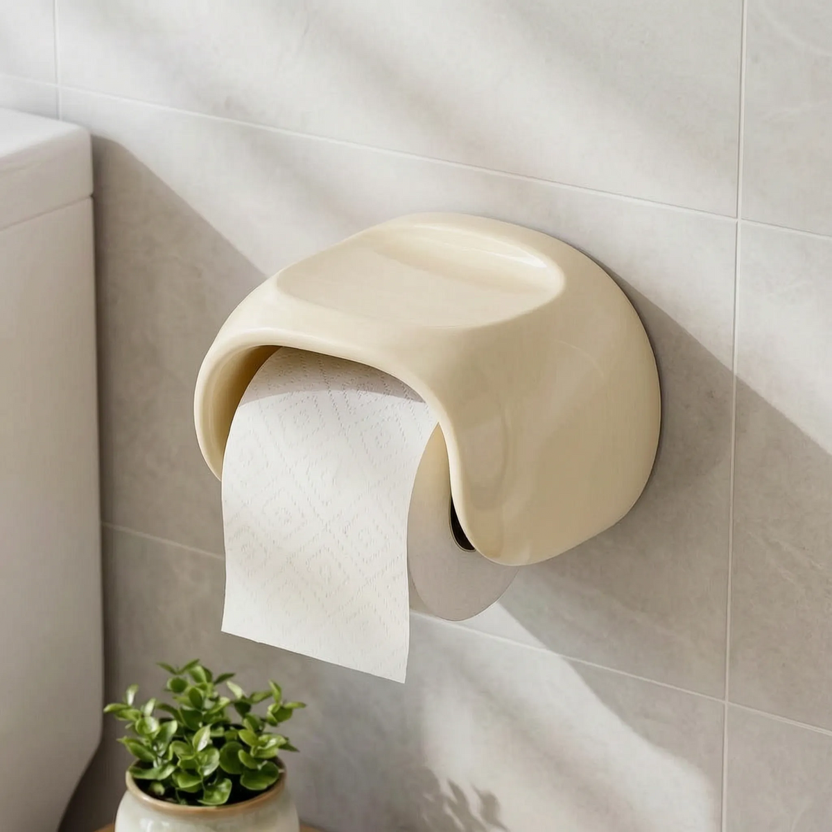 Toilet Paper Holder with Curved Hood and Top Shelf