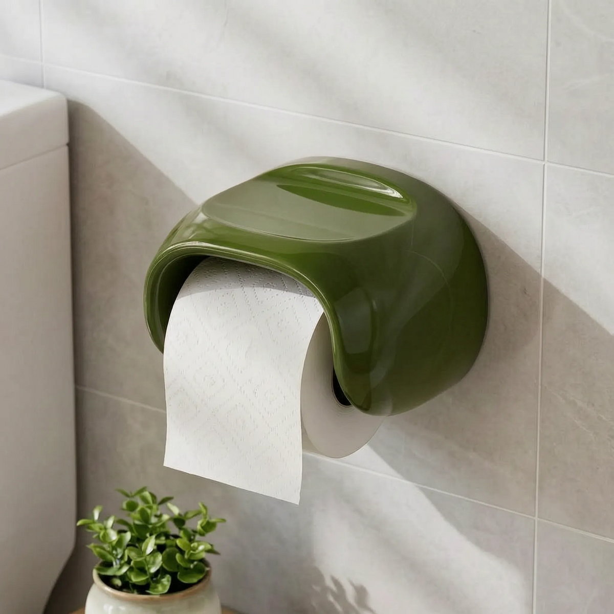 Toilet Paper Holder with Curved Hood and Top Shelf