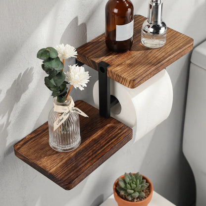 Toilet Paper Holder with Dual Wooden Storage Shelves