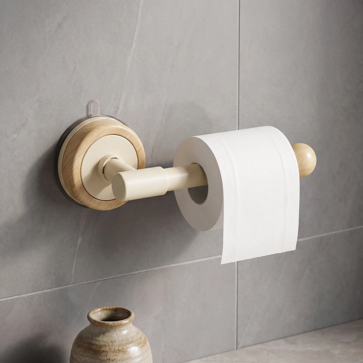 Toilet Paper Holder with Dual Wooden Storage Shelves