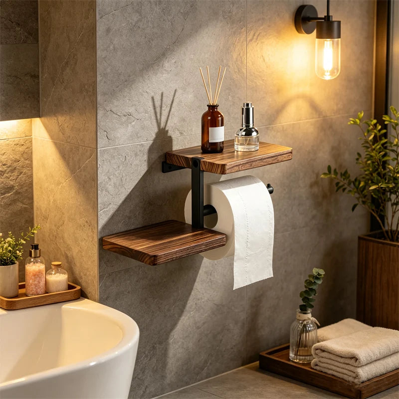 Toilet Paper Holder with Dual Wooden Storage Shelves
