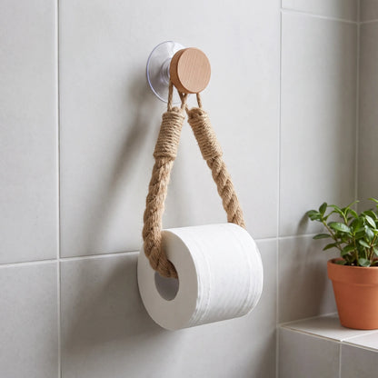 Toilet Paper Holder with Rope Loop and Wooden Wall Mount