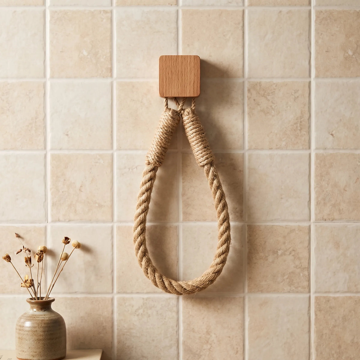 Toilet Paper Holder with Rope Loop and Wooden Wall Mount