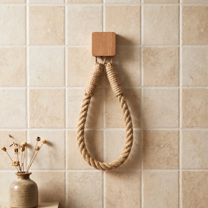 Toilet Paper Holder with Rope Loop and Wooden Wall Mount
