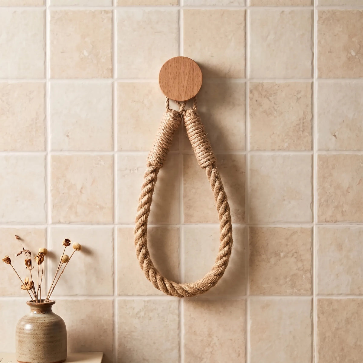 Toilet Paper Holder with Rope Loop and Wooden Wall Mount