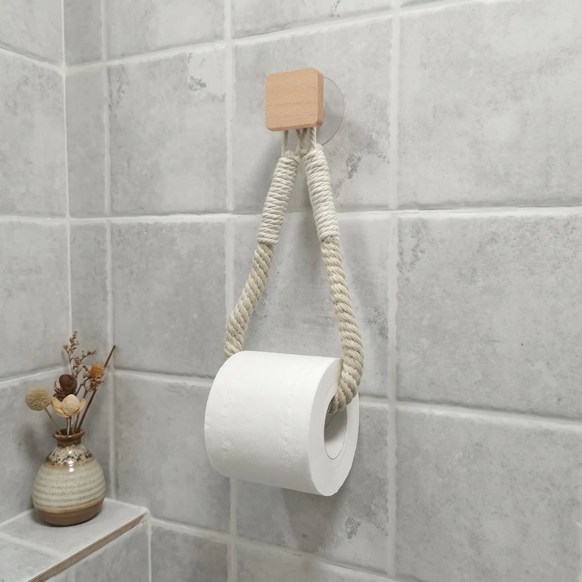 Toilet Paper Holder with Rope Loop and Wooden Wall Mount