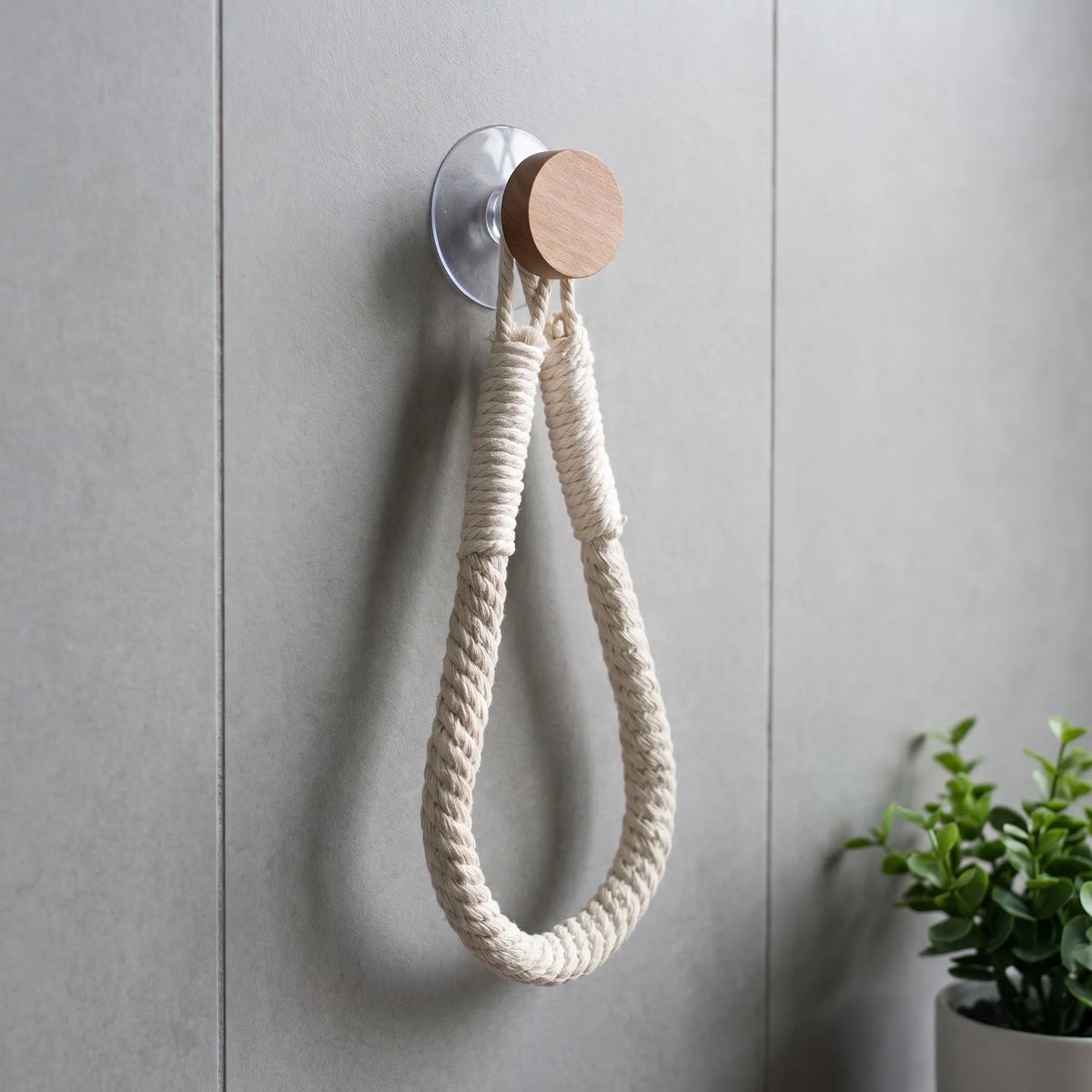 Toilet Paper Holder with Rope Loop and Wooden Wall Mount