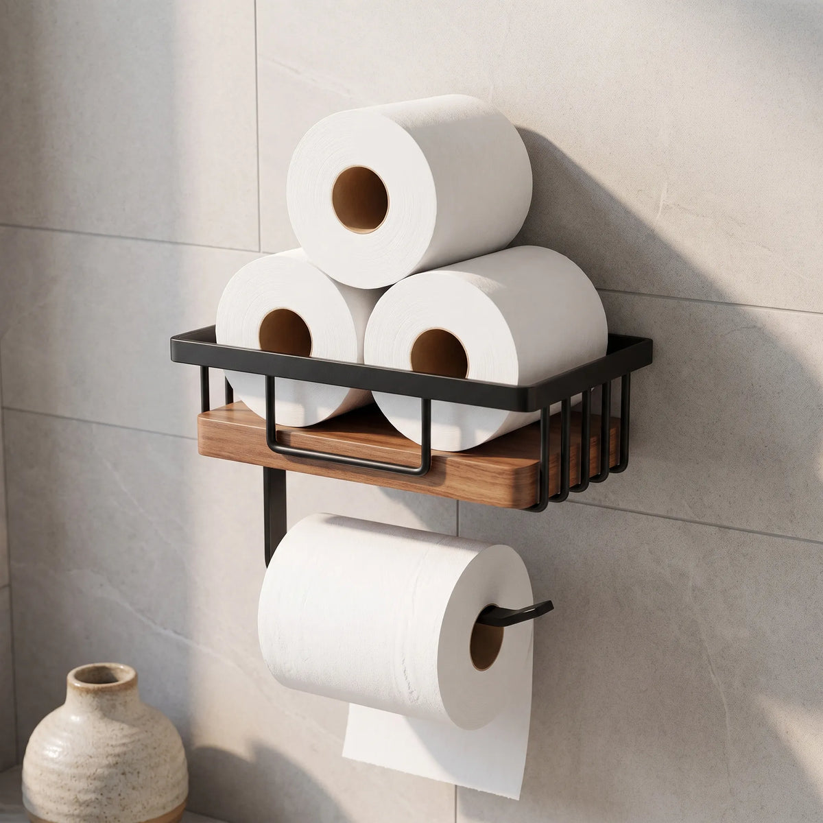 Toilet Paper Holder with Wood Storage Basket