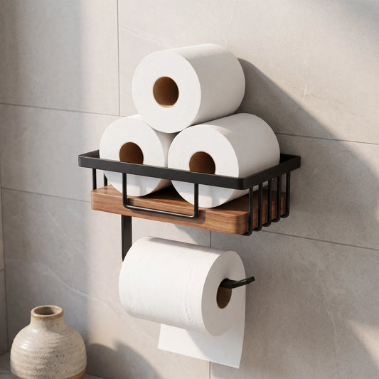 Toilet Paper Holder with Wood Storage Basket