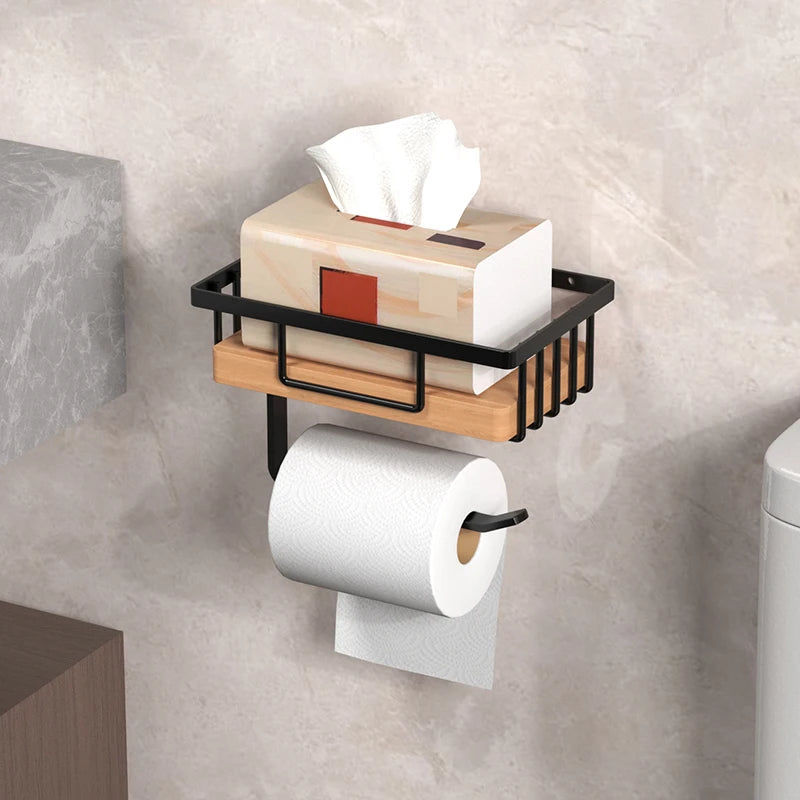 Toilet Paper Holder with Wood Storage Basket