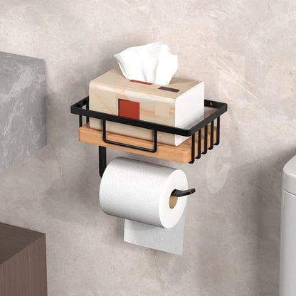 Toilet Paper Holder with Wood Storage Basket