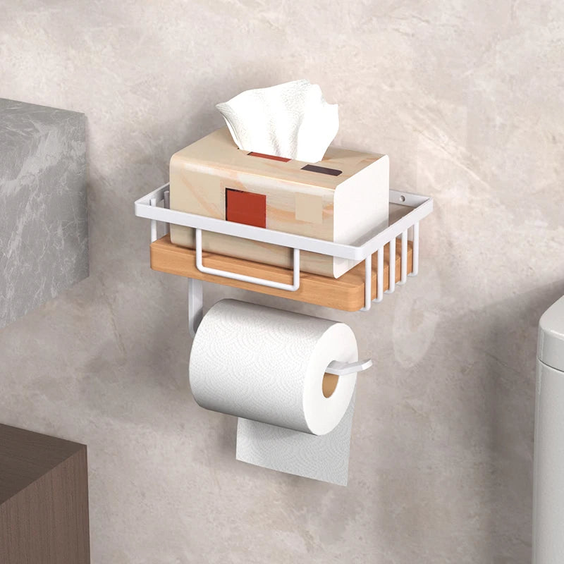 Toilet Paper Holder with Wood Storage Basket