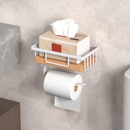 Toilet Paper Holder with Wood Storage Basket