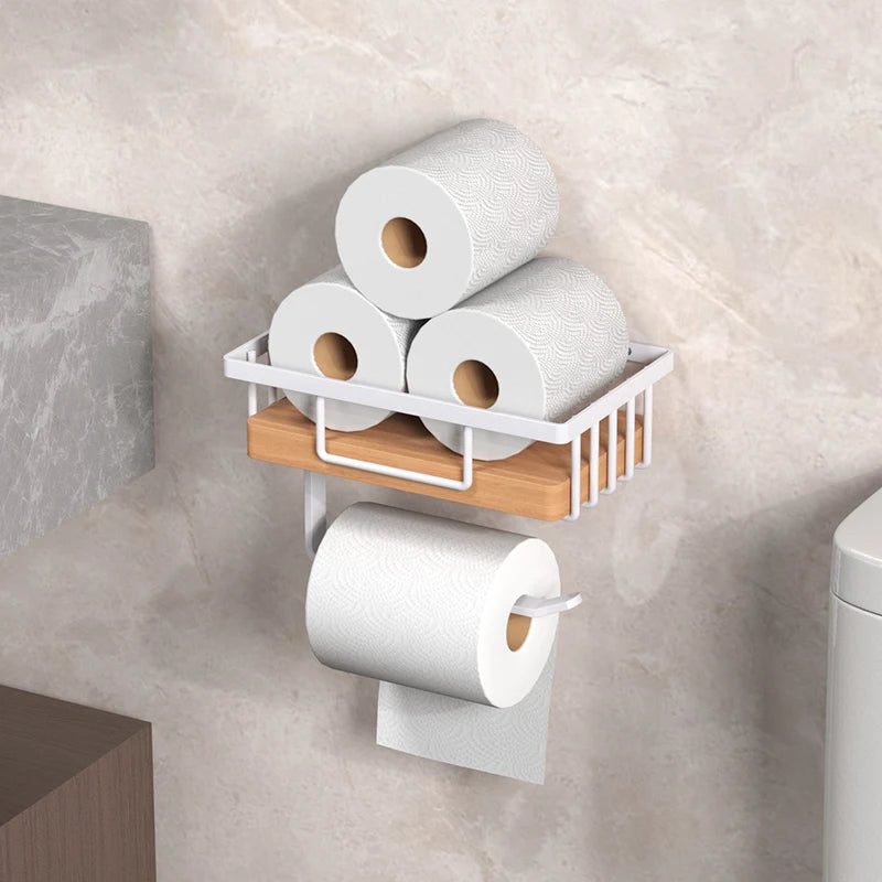 Toilet Paper Holder with Wood Storage Basket