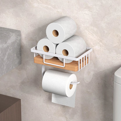 Toilet Paper Holder with Wood Storage Basket