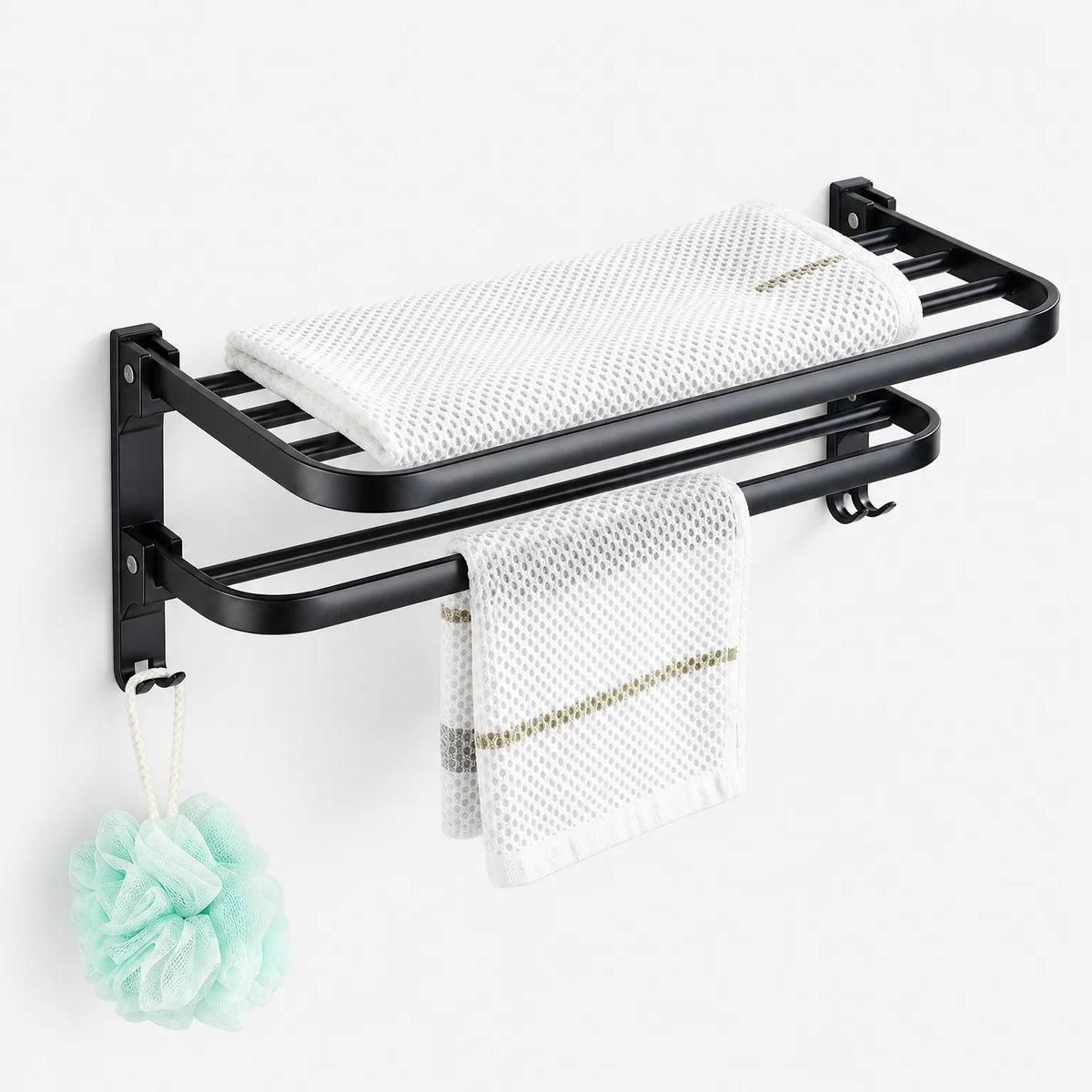 Towel Rack with Folding Shelf Double Bars and Integrated Hanging Hooks