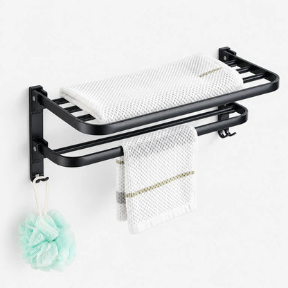 Towel Rack with Folding Shelf Double Bars and Integrated Hanging Hooks