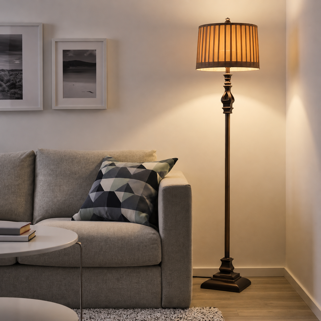 Traditional Resin Pedestal Floor Lamp with Fabric Shade | Veloran