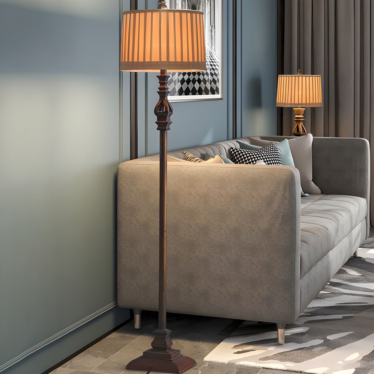 Traditional Resin Pedestal Floor Lamp with Fabric Shade | Veloran