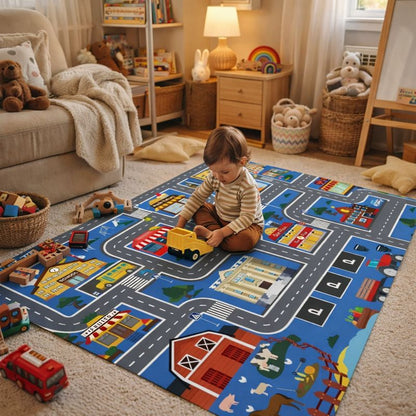 Traffic City Road Play Mat Rug for Kids Room and Toy Cars | Valtira