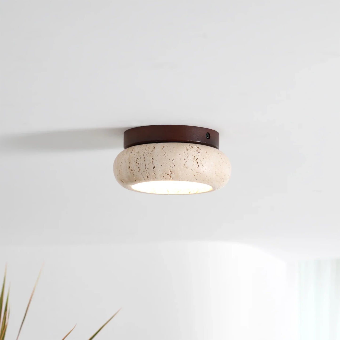 Travertine Stone Ceiling Light Wood Base Modern Indoor | Calvero