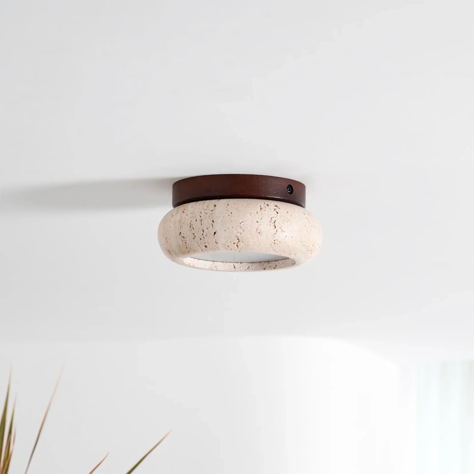 Travertine Stone Ceiling Light Wood Base Modern Indoor | Calvero