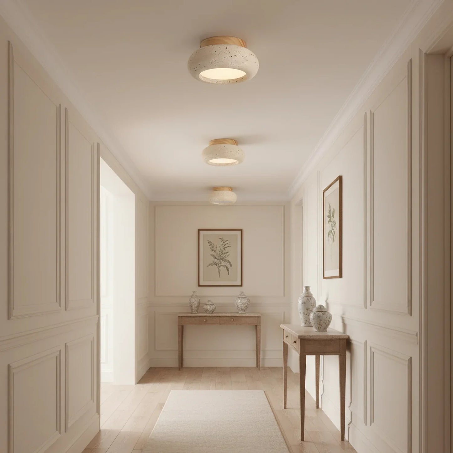 Travertine Stone Ceiling Light Wood Base Modern Indoor | Calvero