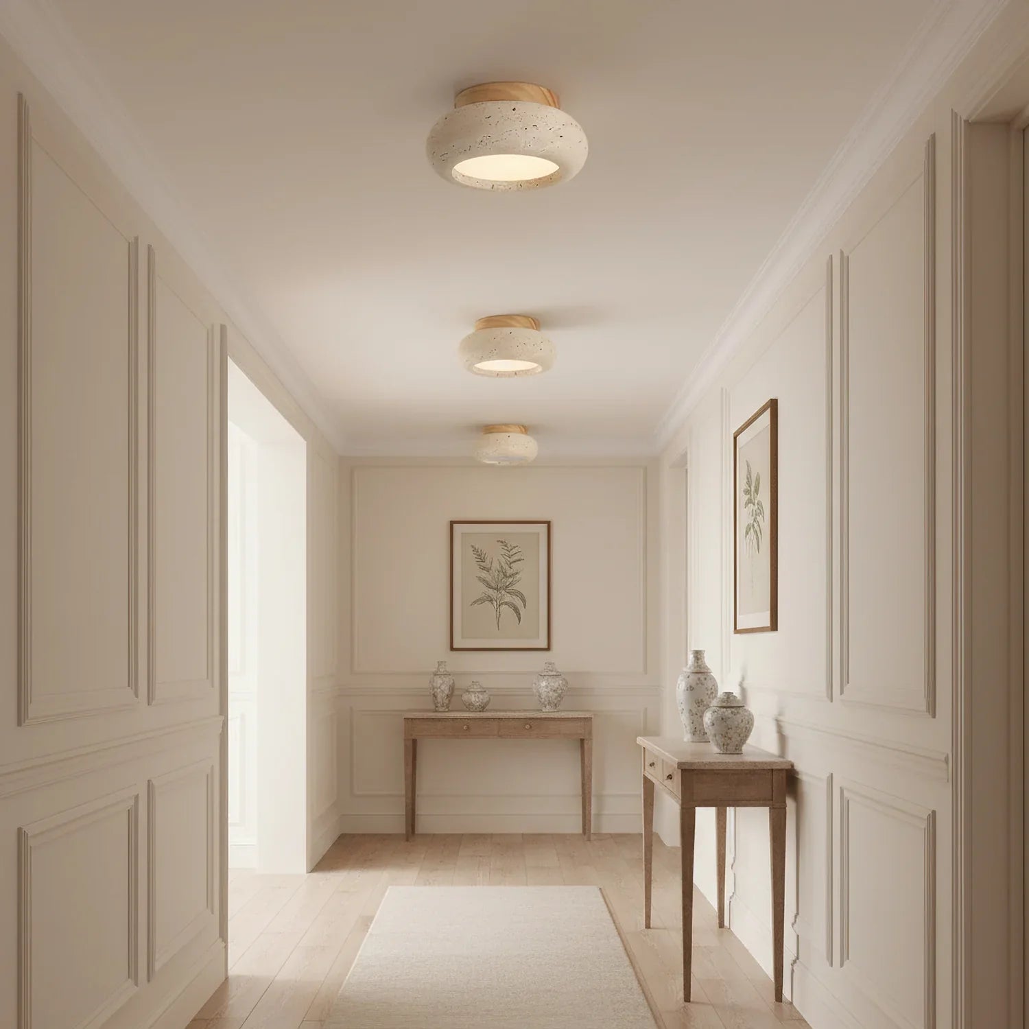 Travertine Stone Ceiling Light Wood Base Modern Indoor | Calvero