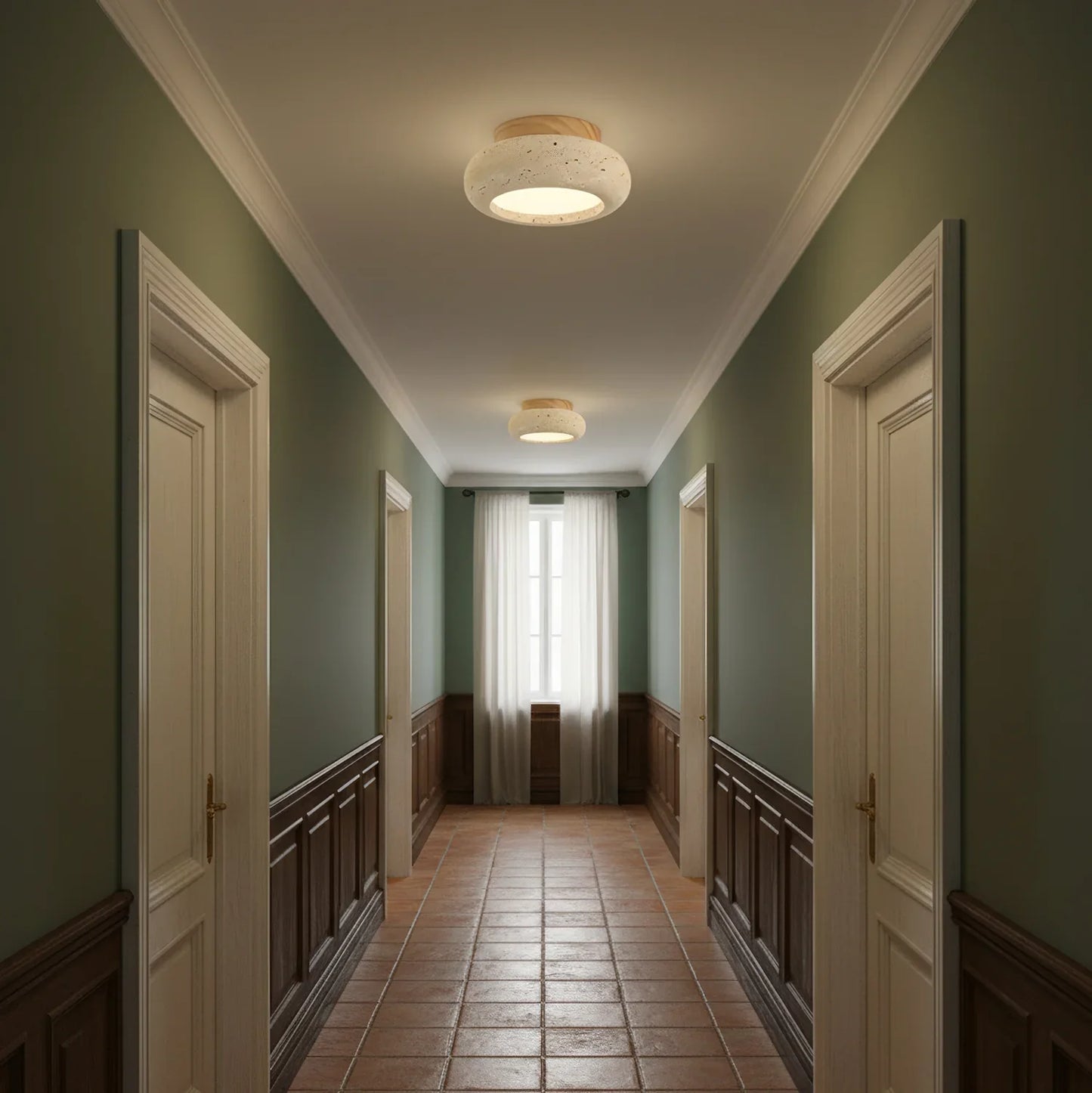 Travertine Stone Ceiling Light Wood Base Modern Indoor | Calvero