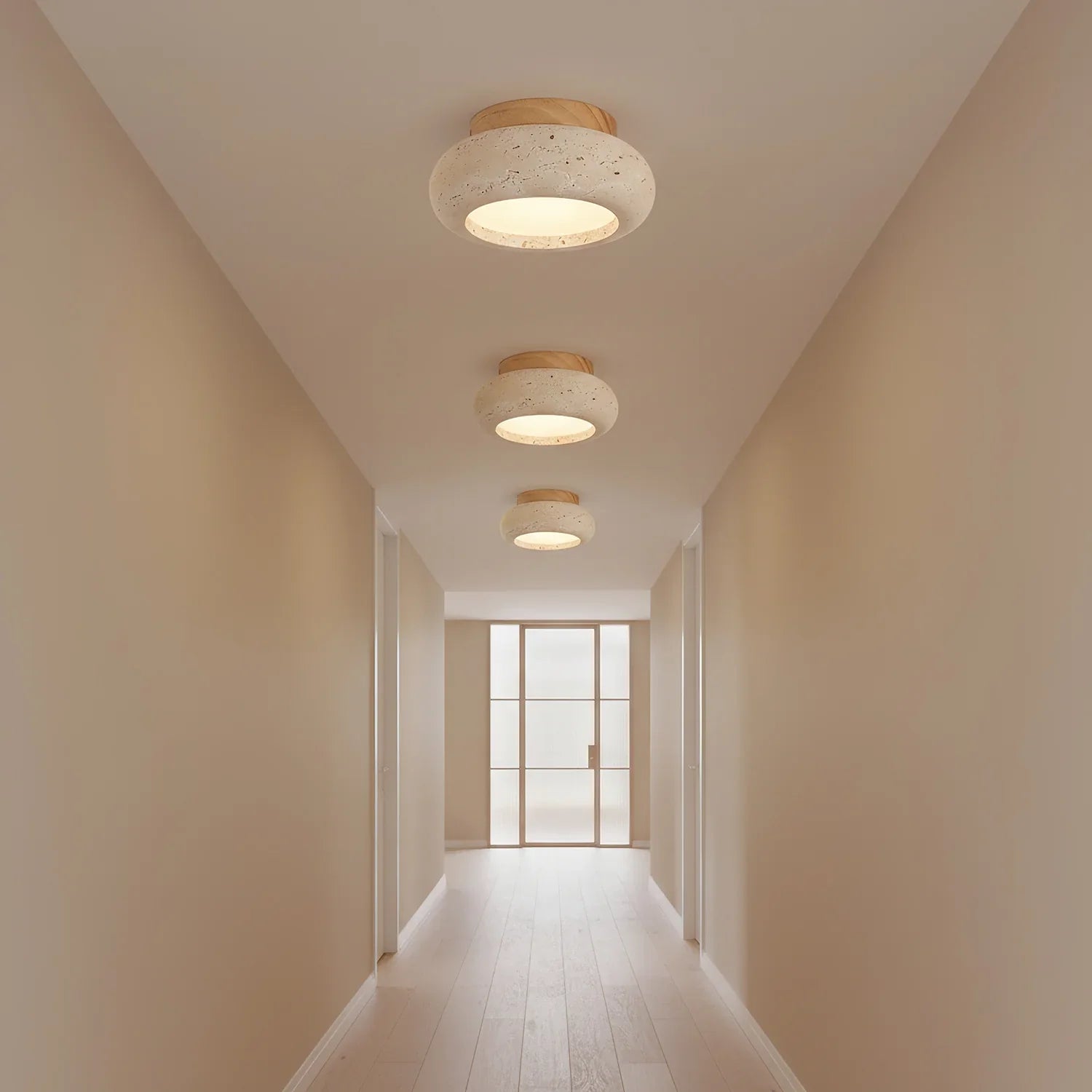 Travertine Stone Ceiling Light Wood Base Modern Indoor | Calvero