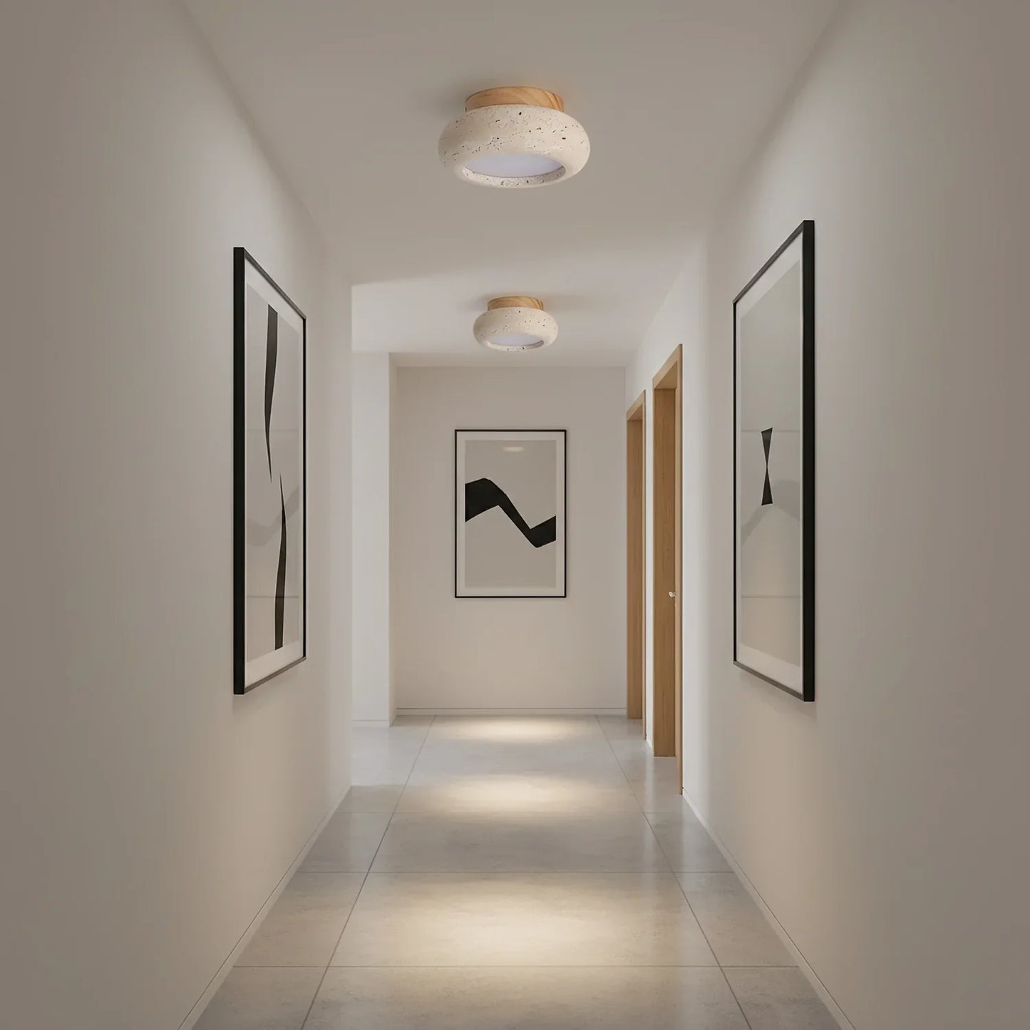 Travertine Stone Ceiling Light Wood Base Modern Indoor | Calvero