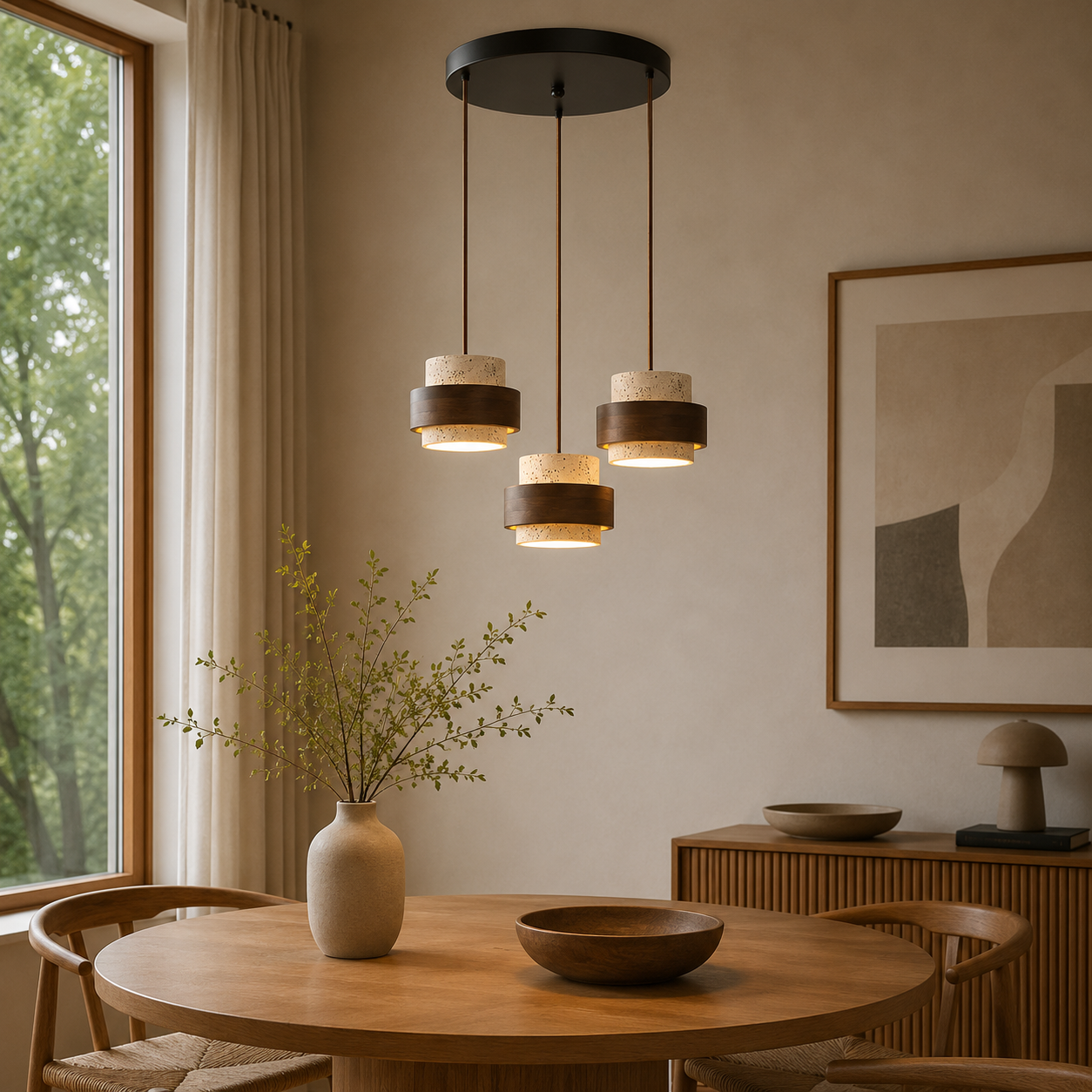 Travertine Stone Pendant Light With Walnut Accent | Novaro