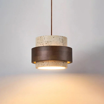 Travertine Stone Pendant Light With Walnut Accent | Novaro