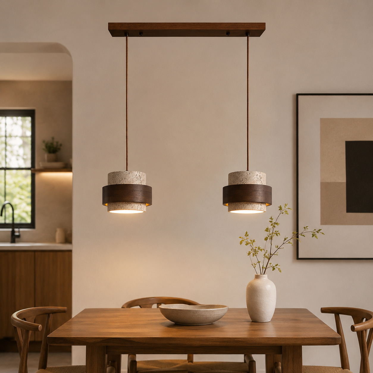 Travertine Stone Pendant Light With Walnut Accent | Novaro