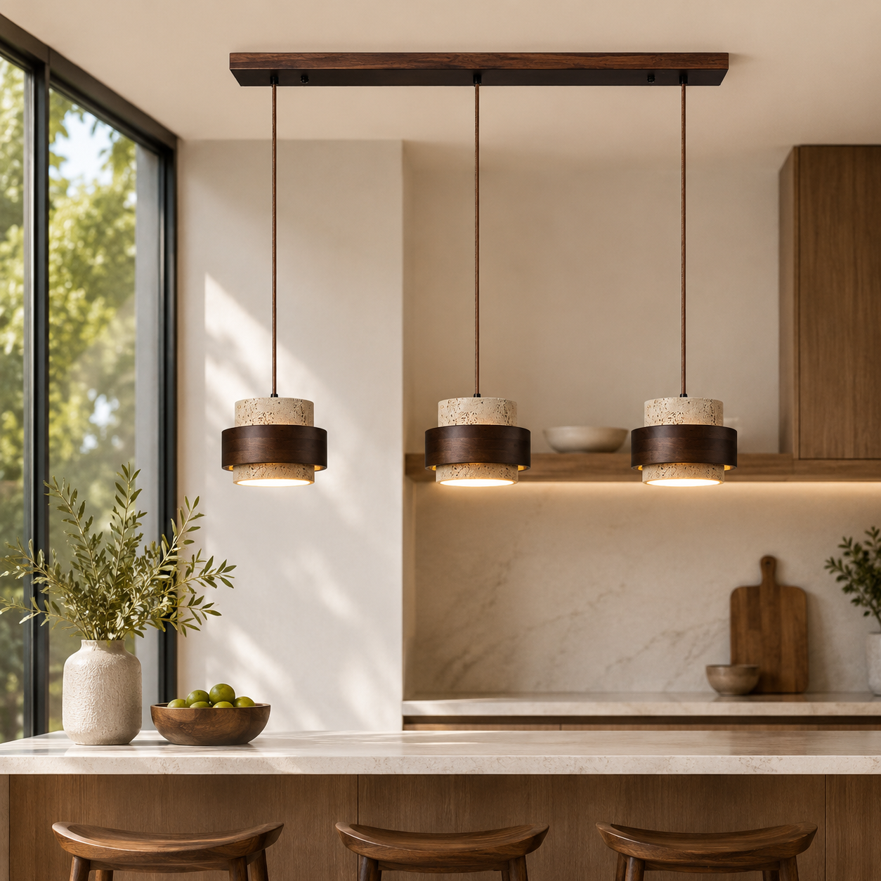 Travertine Stone Pendant Light With Walnut Accent | Novaro