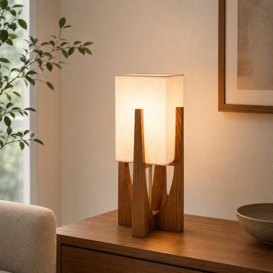 Wabi Sabi Fabric Shade Floor Lamp With Wooden Base | Mirevia