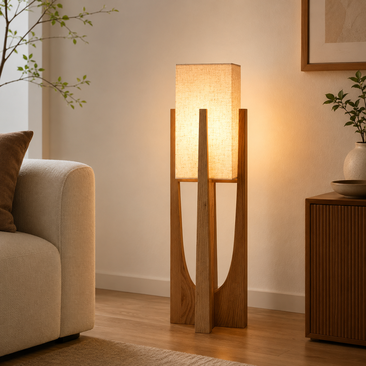 Wabi Sabi Fabric Shade Floor Lamp With Wooden Base | Mirevia