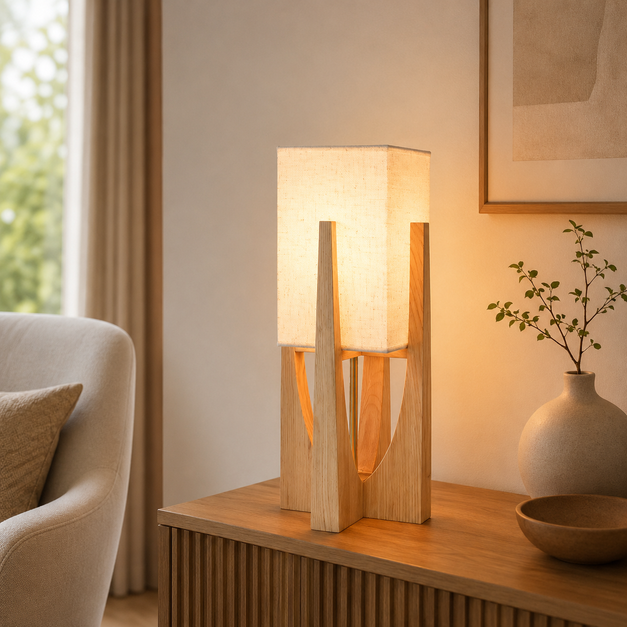 Wabi Sabi Fabric Shade Floor Lamp With Wooden Base | Mirevia